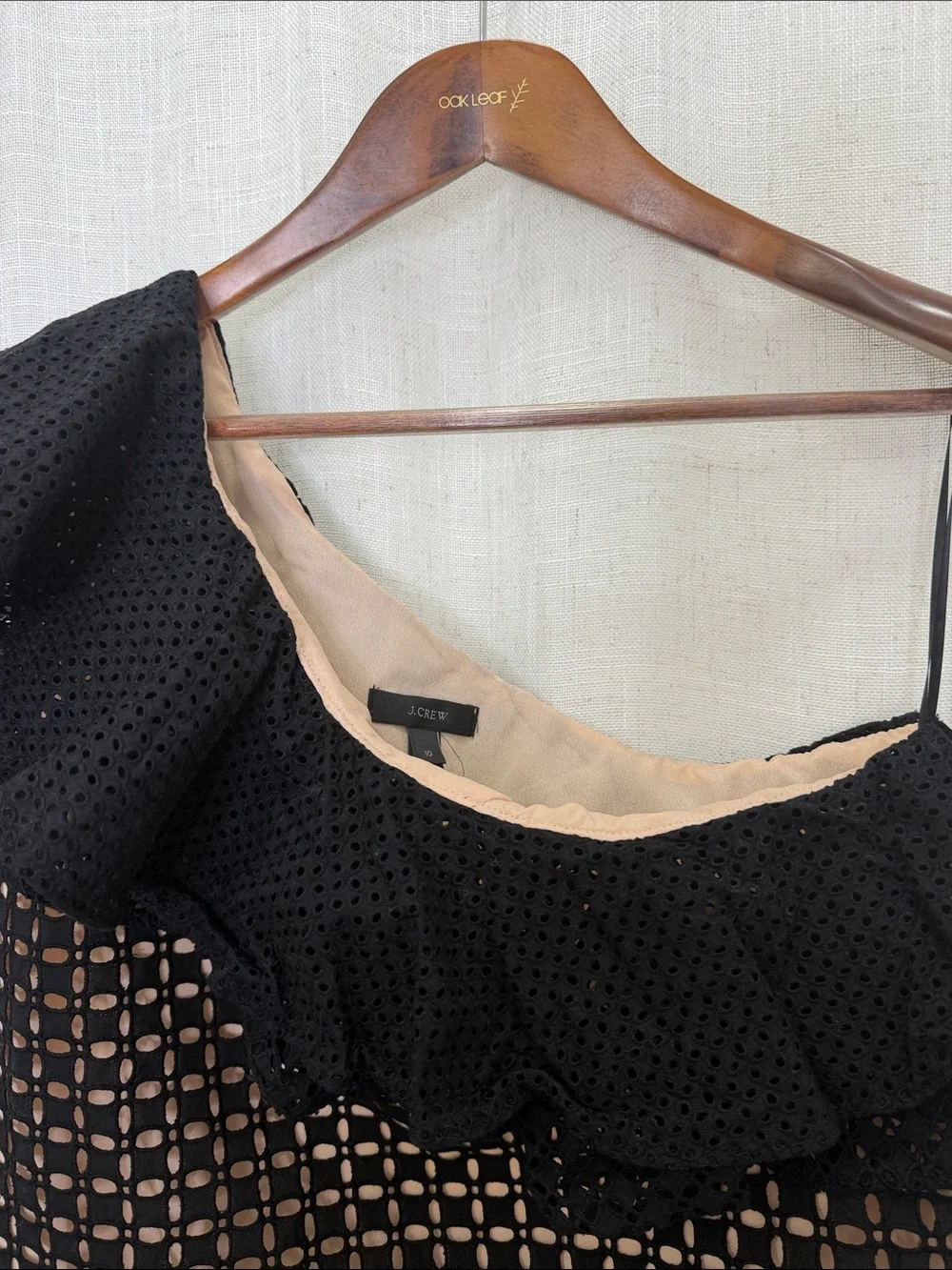 J. Crew Eyelet Black One-Shoulder Lace Overlay Top Size 10 Excellent Condition